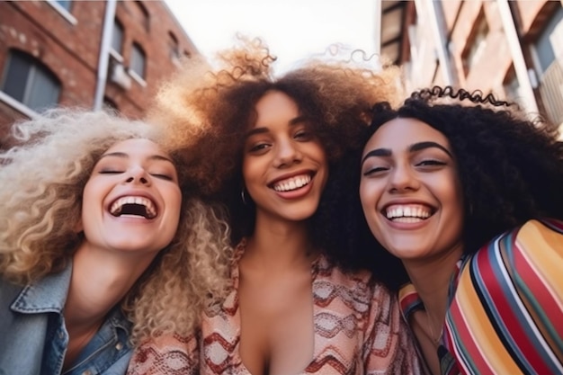 Three women smiling and laughing on a street