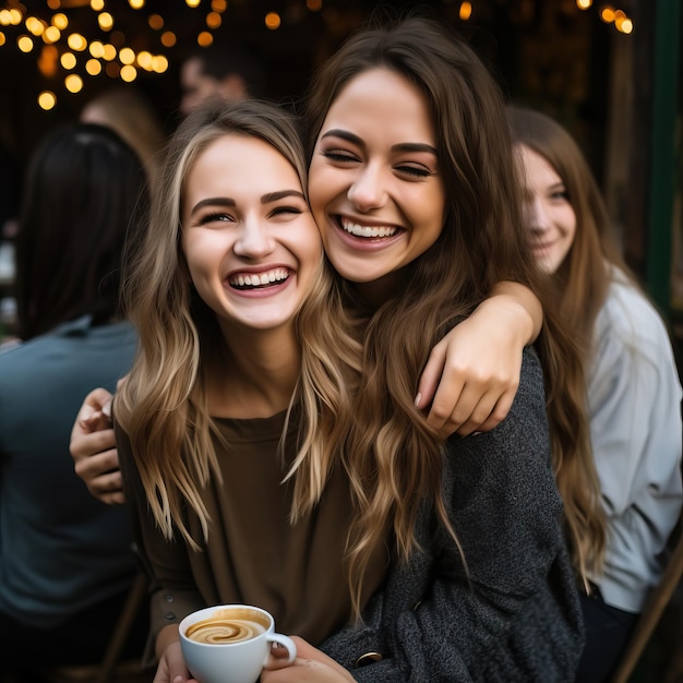 three women smiling and one has a cup of coffee in her arms