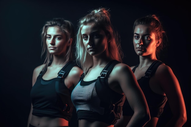 Photo three women in sportswear stand in a row, one of them has a black top and the other has a black top.