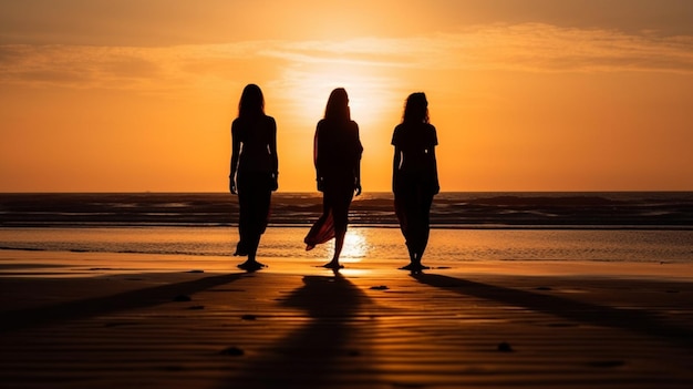 세 명의 여성이 해질녘 해변에 서 있습니다.
