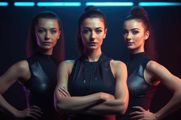 Three women stand in front of a neon light