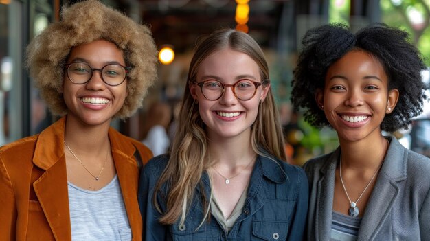 Three women standing next to each other smiling happily