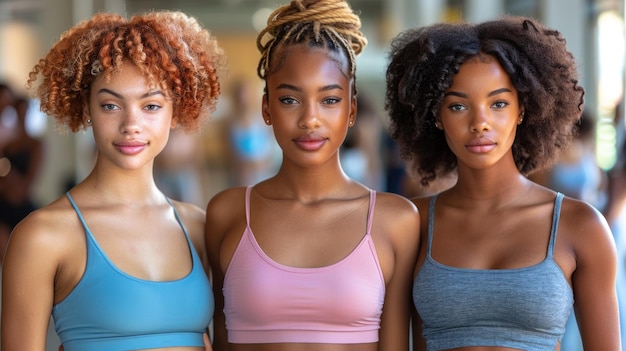 Photo three women standing in sports bras