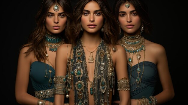 Three Women Standing Together Wearing Jewelry