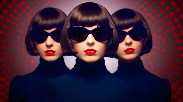 Three women in sunglasses stand in a row with the word love on them.