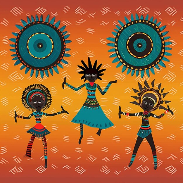 Photo three women in tribal clothing are dancing with their arms outstretched generative ai