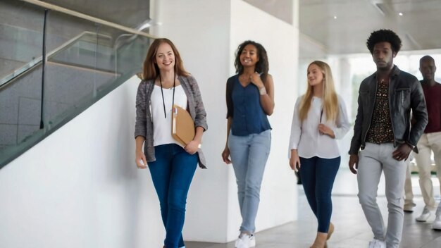 3人の女性が廊下を歩いているそのうちの1人はその上にその言葉が書かれたシャツを着ている