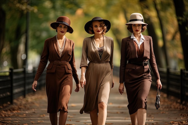 Three women walking down a path in a park