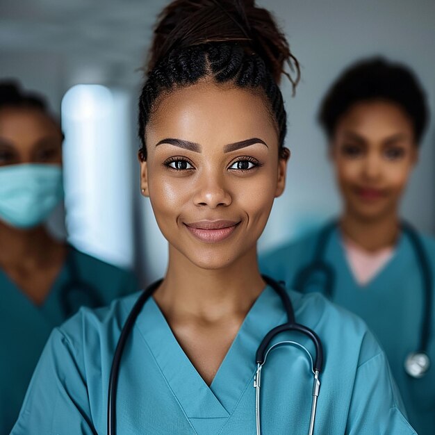 three women wearing blue uniforms with the words quot medical quot on them