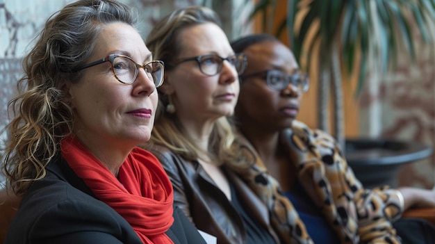 Three women wearing glasses are sitting on a couch and looking to the right