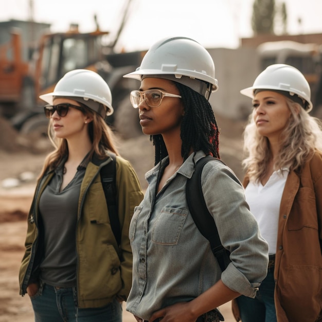 Three women wearing hard hats stand in front of a construction site.