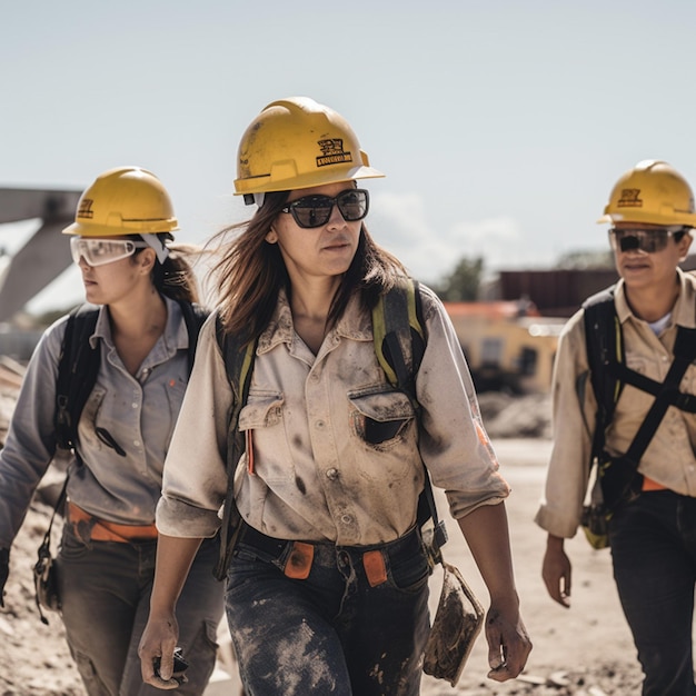 Three women wearing hard hats walk on a construction site.