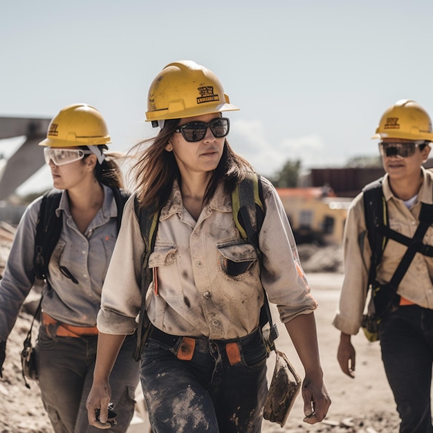 ヘルメットをかぶった 3 人の女性が建設現場を歩いています。