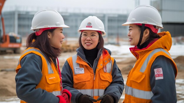 写真 オレンジ色のジャケットを着た3人の女性がドープと書かれた建物の前に立っています