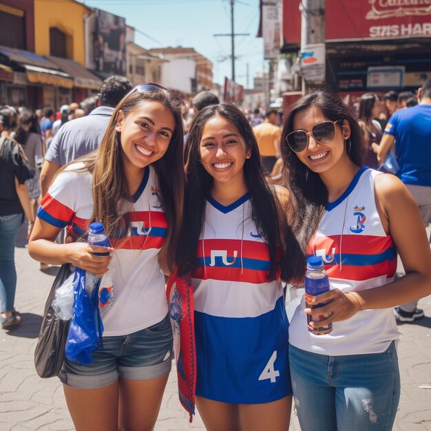 Three women wearing shirts that say m h on them