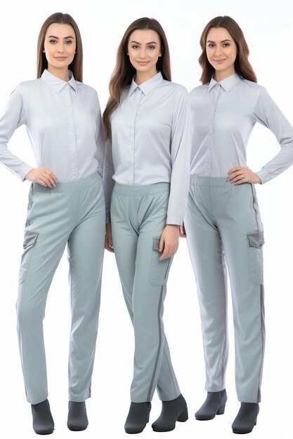 Photo three women in white shirts and blue shirts with one wearing a white shirt