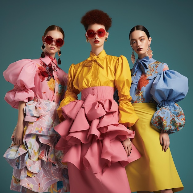 три женщины в разных нарядах разных цветов позируют для фото