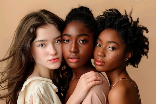 Three women with different skin tones are posing for a photo