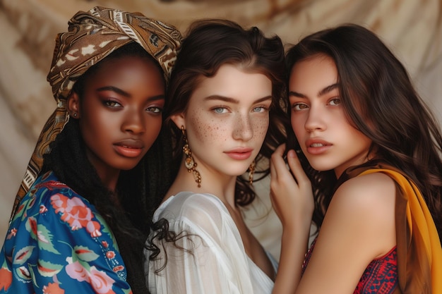 Three women with different skin tones are posing for a photo