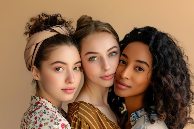 Three women with different skin tones are posing for a photo