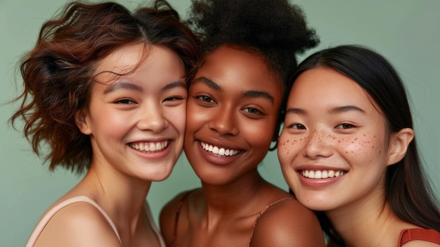 Photo three women with different skin tones are smiling and posing for a photo