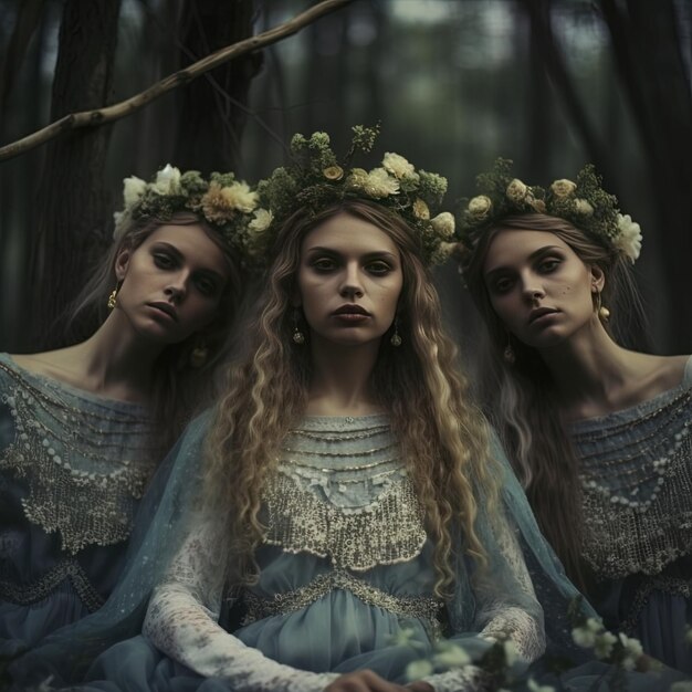 three women with long hair and flowers on their heads