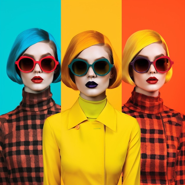 Three women with sunglasses and a yellow shirt with red rims