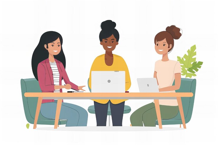 Photo three women working table laptops plants