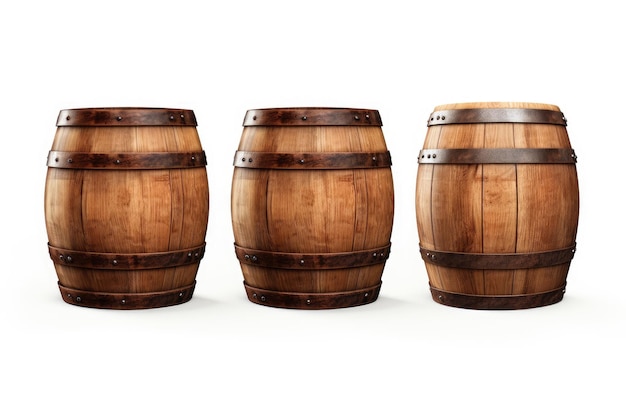 Three wooden barrels on a white background