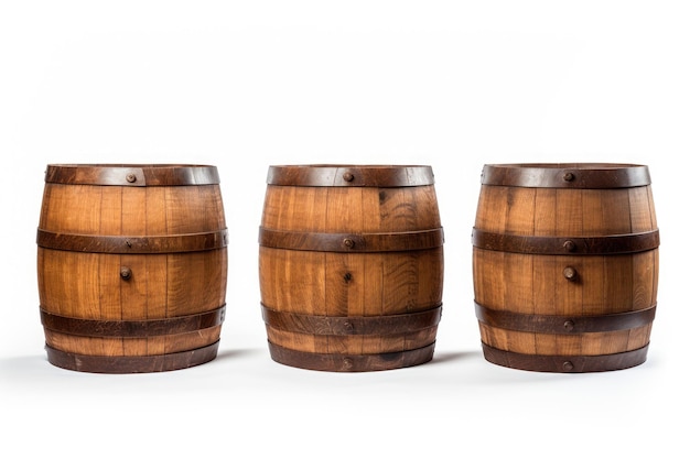 Three wooden barrels on a white background