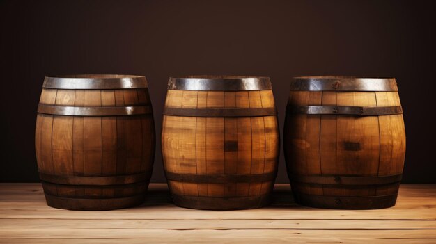 Photo three wooden barrels on wooden background in cellar of vinery generative ai