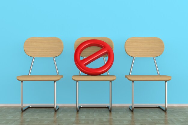 Three wooden chairs and in sign forbidden. Social distancing. 3D rendering