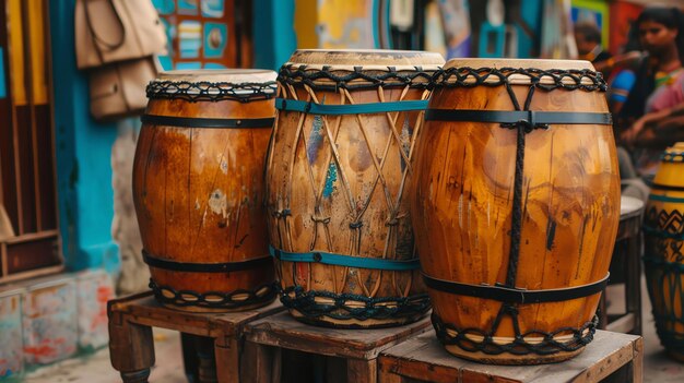 Foto tre tamburi di legno di diverse dimensioni seduti su un tavolo di legno all'aperto i tamburi sono fatti di legno con dettagli di corda e pelle