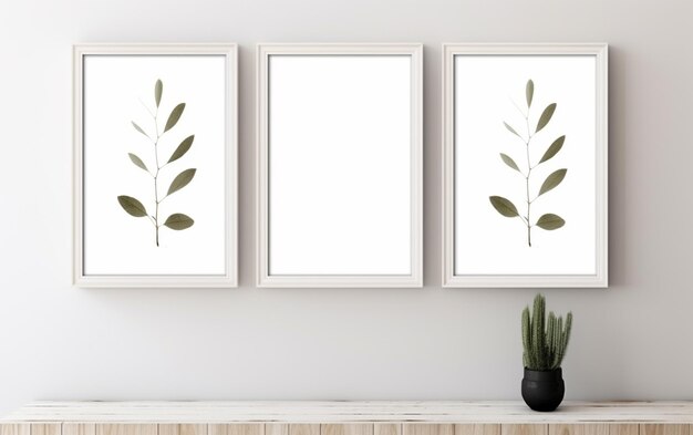 three wooden frame on white wall frame mockup 3d render