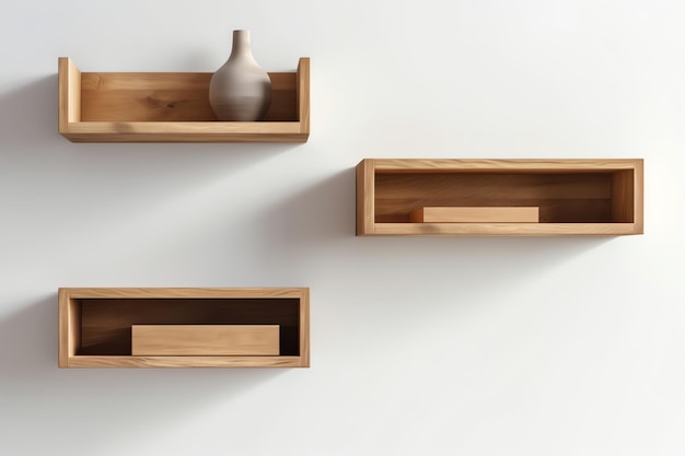 Three wooden shelves on a white wall with a vase and a vase on the right.