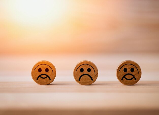 Premium AI Image Three Wooden Smiley Faces With One Saying Sad And Sad premium-ai-image-three-wooden-smiley-faces-with-one-saying-sad-and-sad