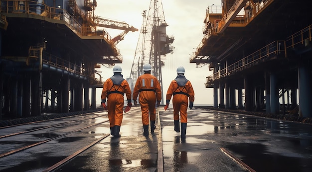 Three worker in orange jumpsuits walk towards a ship in the fog