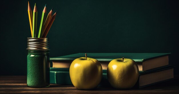 Three yellow apples on a table with a book and pencils in the background