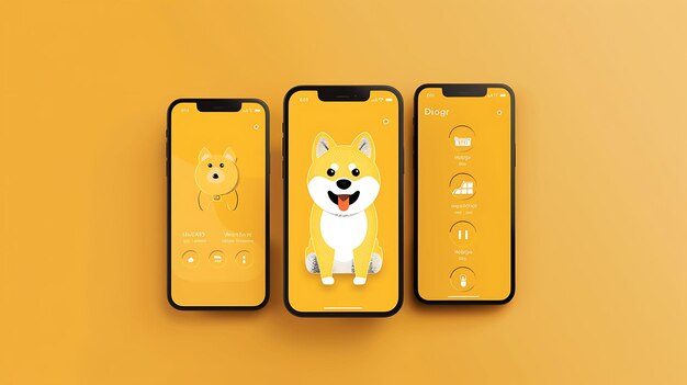 three yellow cell phones with one of them has a dog on the front