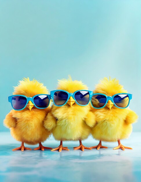 Photo three yellow chicks wearing sunglasses that say on a light blue background