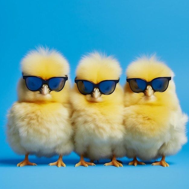 写真 青いサングラスと強打生成 ai を備えた 3 羽の黄色いひよこ