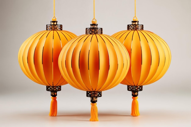 Photo three yellow china lanterns on white background ai generated image