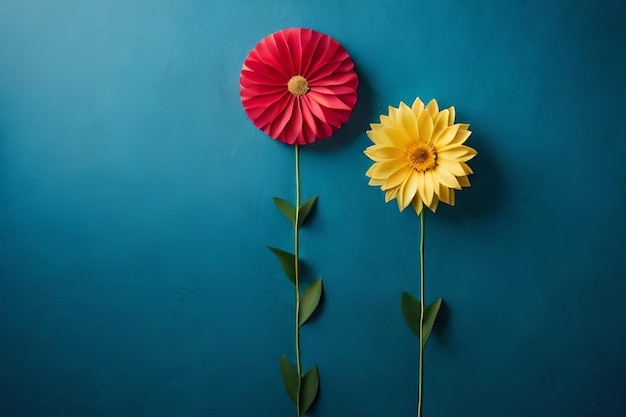 three yellow flowers with a red flower on a blue background.