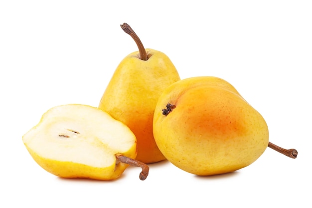 Three yellow fresh ripe pears isolated on white background