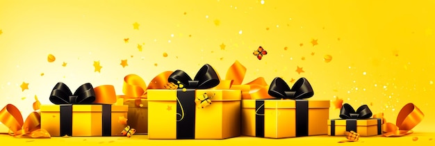 Three yellow gift boxes with black bows and butterfly on yellow background Generative AI