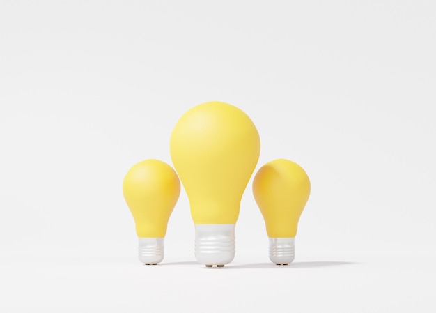 柔らかな白い背景の競争の3つの黄色い電球は、脳のアイデアチームワークコンセプト発明コピースペース分離3dレンダリングイラストを組み合わせます