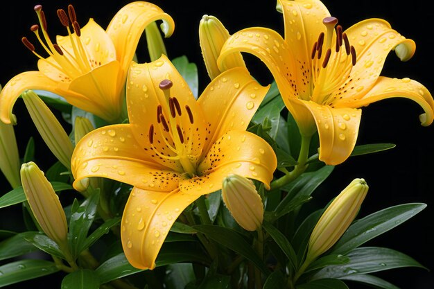 Photo three yellow lilies are in a vase on a black background