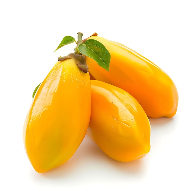 Photo three yellow mangoes with a green leaf on them