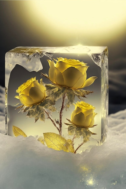 Three yellow roses in a block of ice generative ai