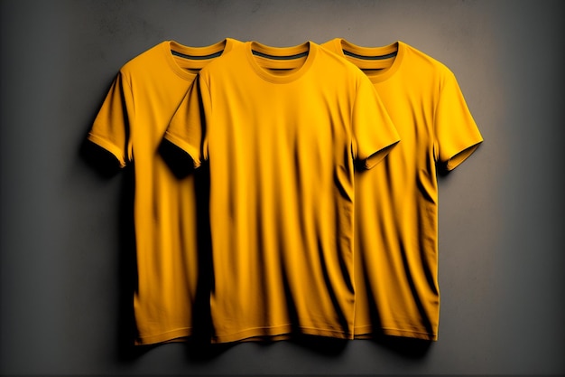 Three yellow tshirts on a dark background Generative AI